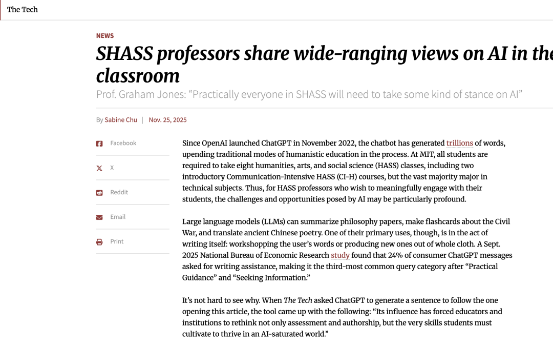 MIT Tech | Lit Faculty featured in “SHASS professors share wide-ranging views on AI in the classroom”